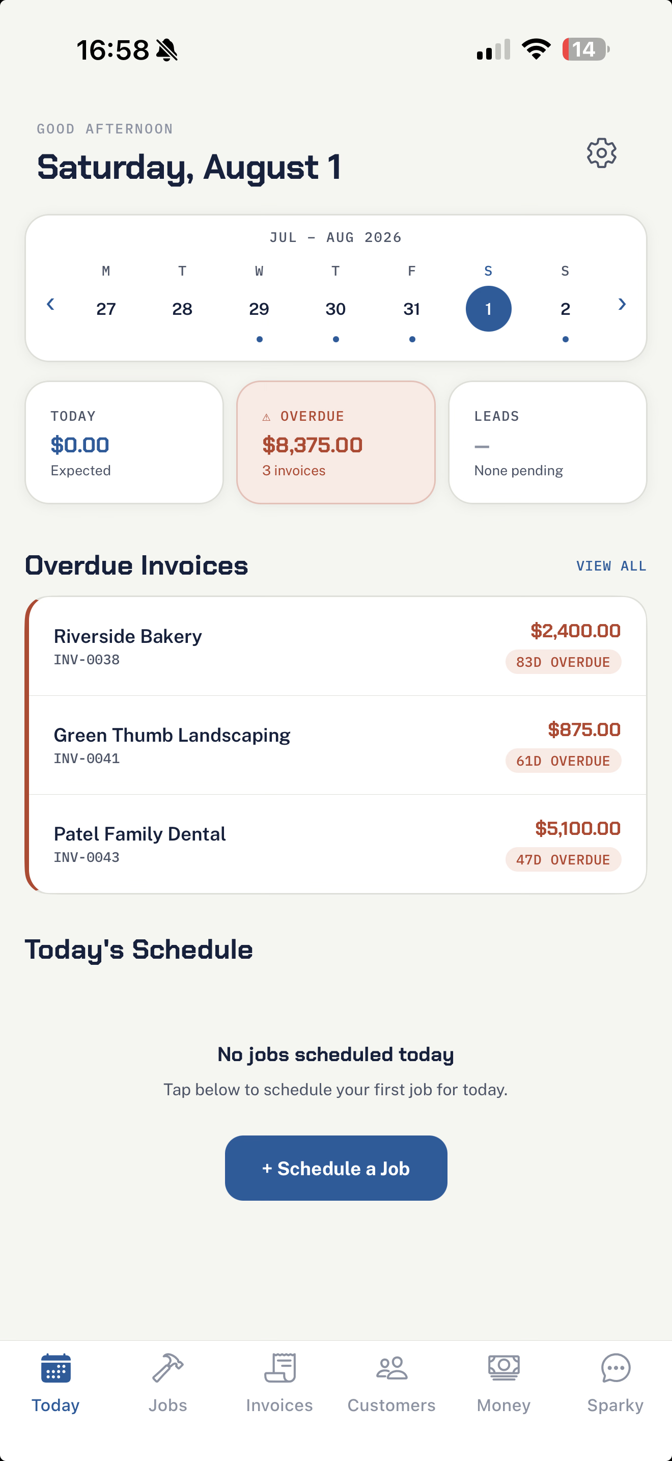 TradeReady Today screen showing the day's jobs and money at a glance