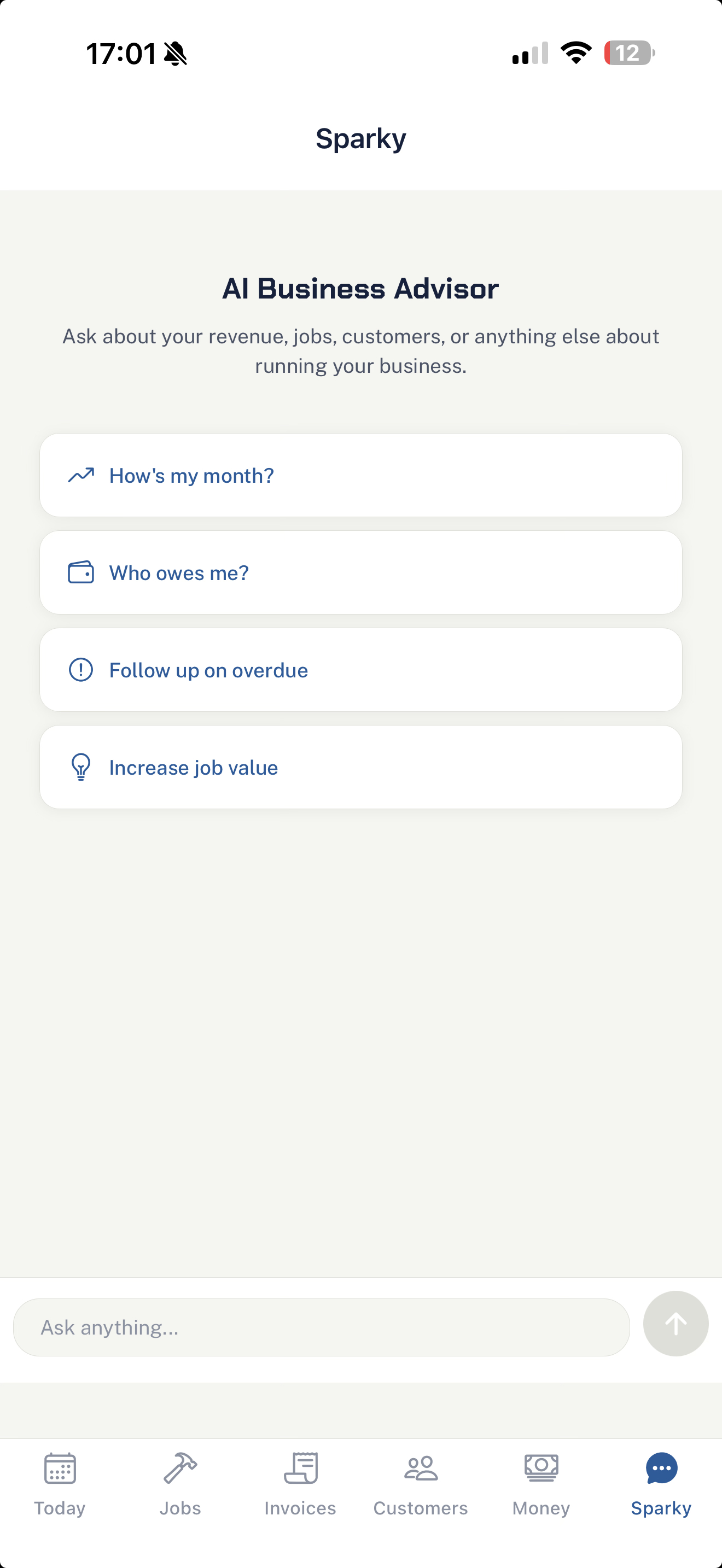TradeReady AI business coach answering a question about revenue