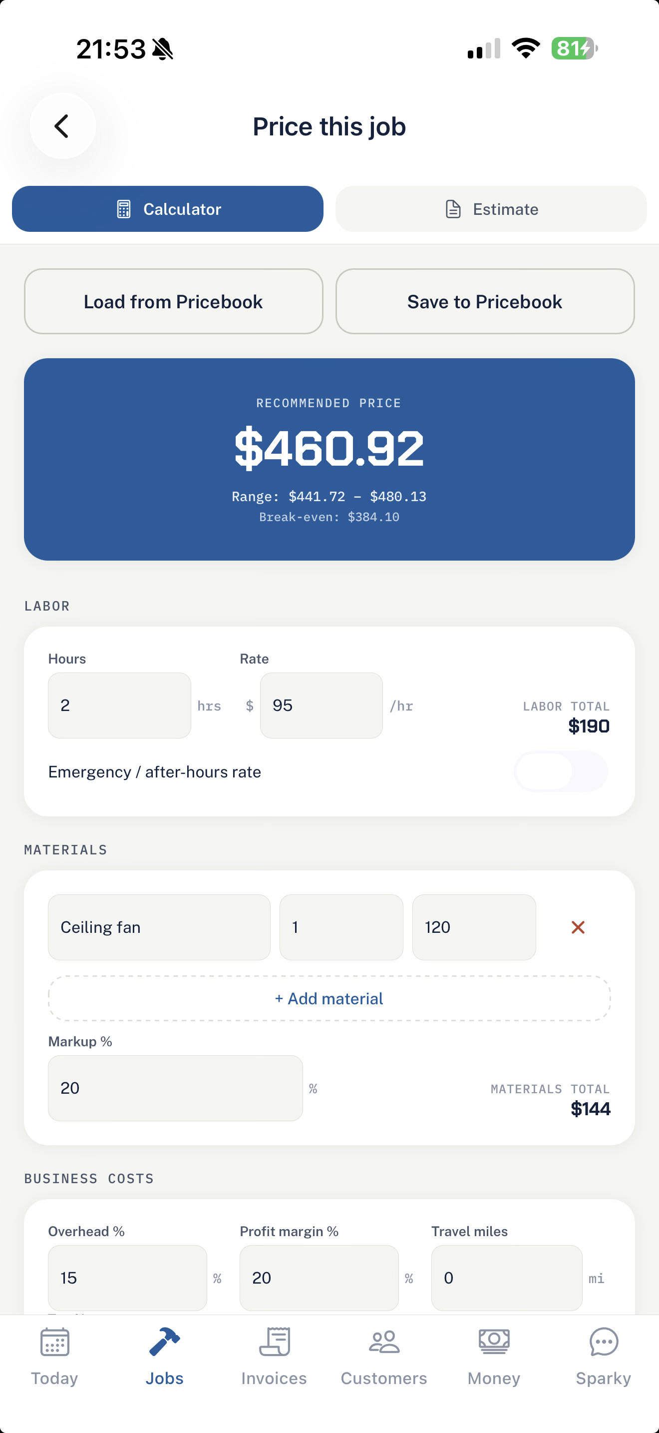 TradeReady pricing calculator with labor, materials, and margin